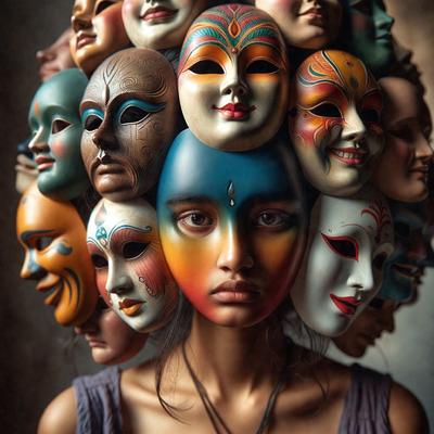 The primary subject of the image is a woman with a unique and artistic appearance. She is wearing a headpiece made of various masks, creating a visually striking and creative look. The setting appears to be a studio or a similar indoor environment, as the woman is posing for the camera. The visual style of the image is a combination of photography and digital art, as the masks are digitally arranged on the woman's head. The colors and mood of the image are vibrant and l